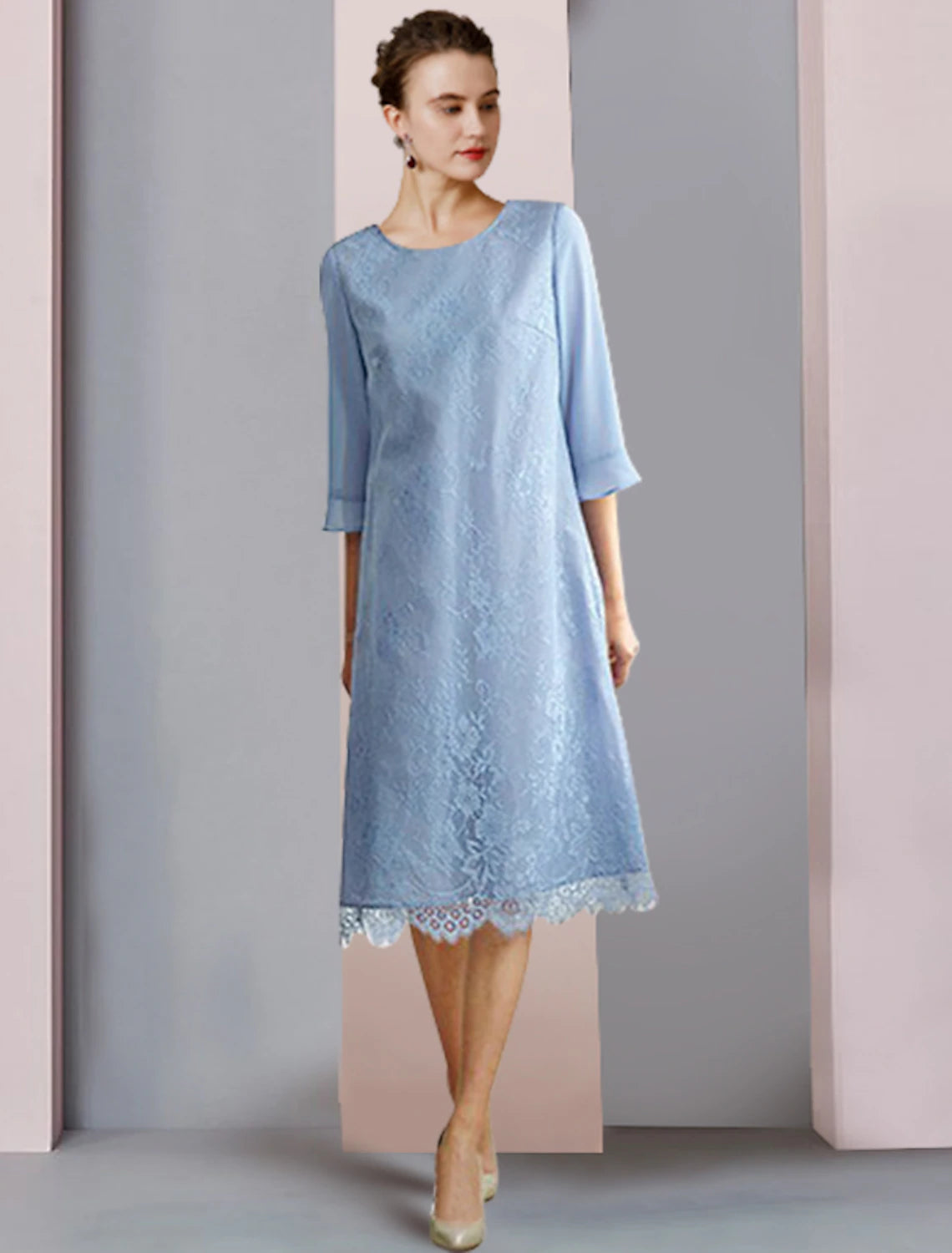 Wholesale  Two Piece Sheath / Column Mother of the Bride Dress Formal Wedding Guest Party Elegant Scoop Neck Tea Length Chiffon Lace 3/4 Length Sleeve with Solid