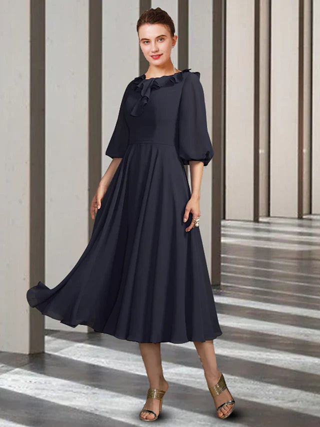 Wholesale A-Line Mother of the Bride Dress Elegant Jewel Neck Tea Length Chiffon Half Sleeve with Pleats Ruffles