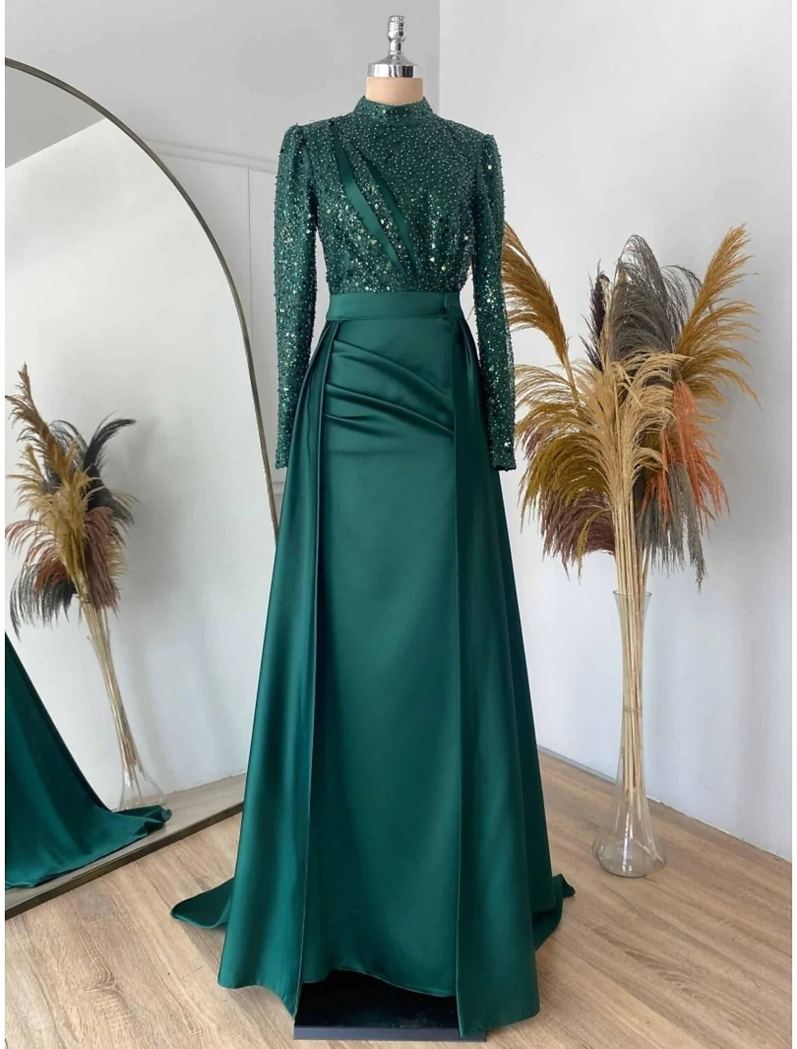 Wholesale Sheath / Column Evening Gown Sparkle & Shine Dress Formal Sweep / Brush Train Long Sleeve Jewel Neck Satin with Pleats Ruched Sequin