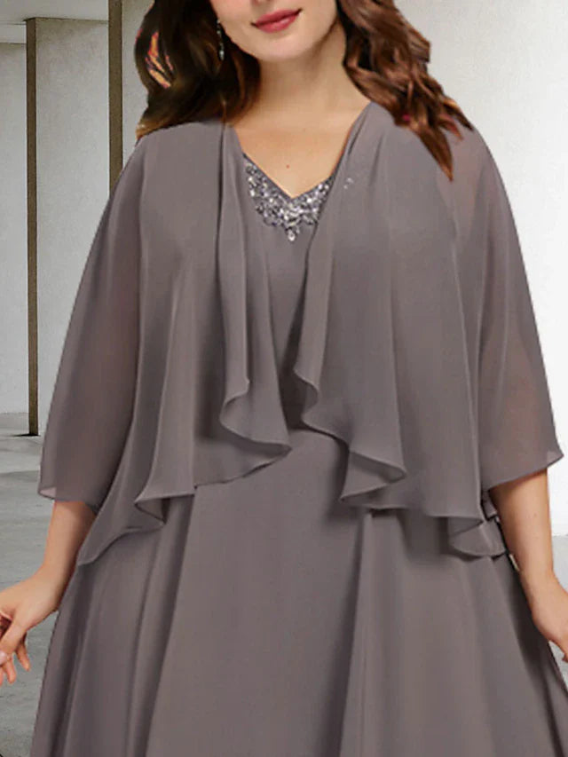 Wholesale Two Piece A-Line Plus Size Curve Mother of the Bride Dresses Elegant Dress Wedding Guest Tea Length Sleeveless V Neck Chiffon with Beading