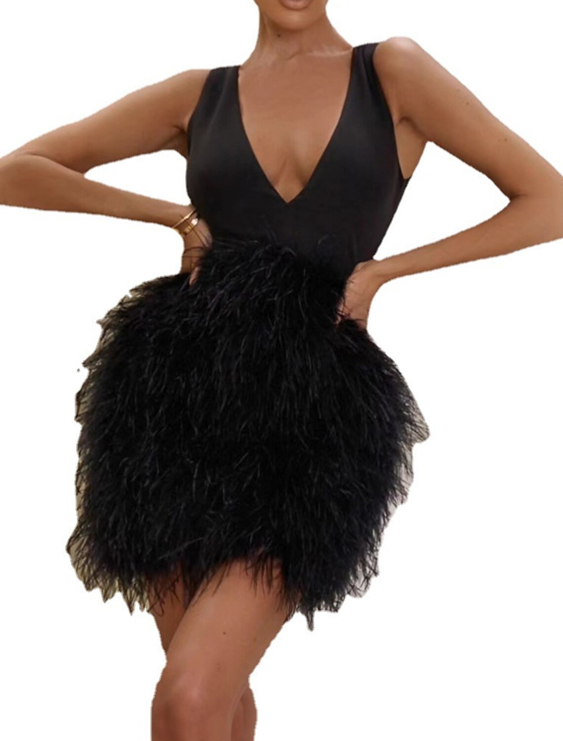 Wholesale Sheath / Column Party Dresses Backless Dress Wedding Guest Cocktail Party Short / Mini Sleeveless V Neck Polyester with Feather