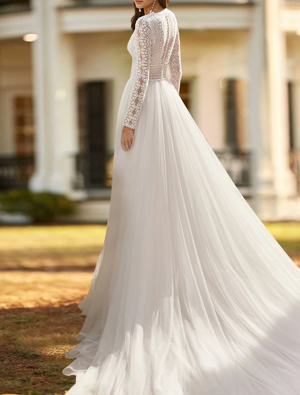 Wholesale Beach Boho Wedding Dresses A-Line V Neck Long Sleeve Court Train Lace Bridal Gowns With Split Front