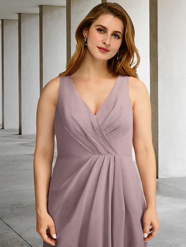 Wholesale Two Piece A-Line Plus Size Curve Mother of the Bride Dresses Elegant Dress Formal Floor Length Sleeveless V Neck Chiffon with Pleats Ruffles