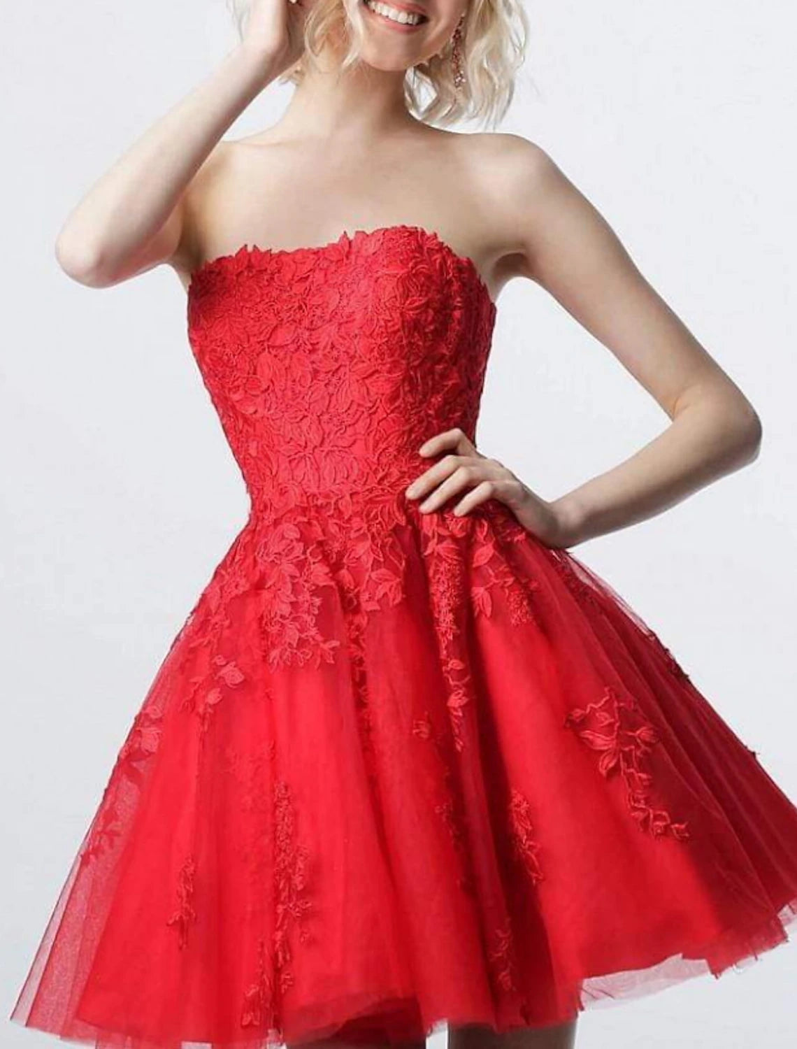 Wholesale A-Line Cocktail Dresses Flirty Dress Graduation Engagement Short / Mini Sleeveless Strapless Lace with Appliques