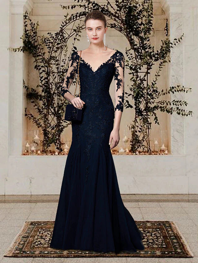 Wholesale Mermaid / Trumpet Mother of the Bride Dress Elegant V Neck Sweep / Brush Train Lace Tulle Short Sleeve with Appliques