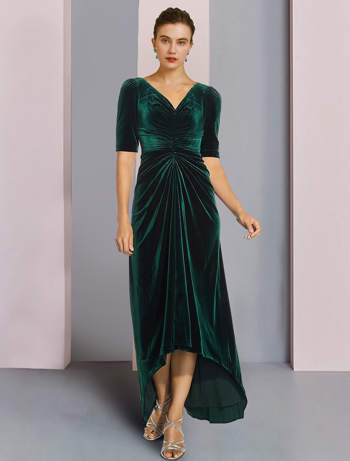 Wholesale A-Line Mother of the Bride Dress Wedding Guest Elegant High Low V Neck Asymmetrical Tea Length Velvet Short Sleeve with Ruched