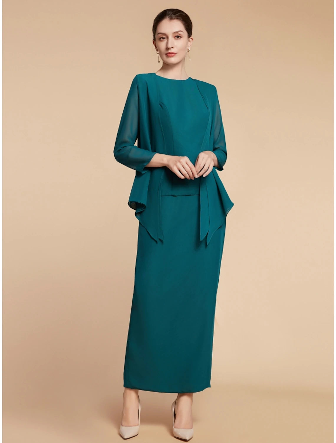 Wholesale Sheath / Column Mother of the Bride Dress Wedding Guest Elegant Simple Jewel Neck Ankle Length Chiffon Long Sleeve with Split Front Ruching Solid Color
