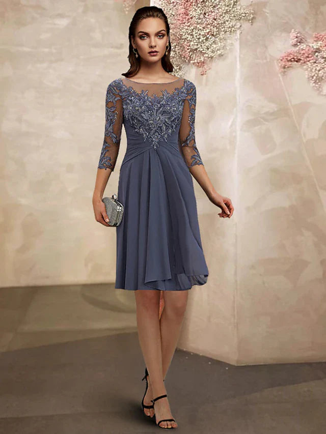 Wholesale A-Line Mother of the Bride Dress Elegant Sweet Jewel Neck Knee Length Chiffon Lace 3/4 Length Sleeve with Pleats Appliques