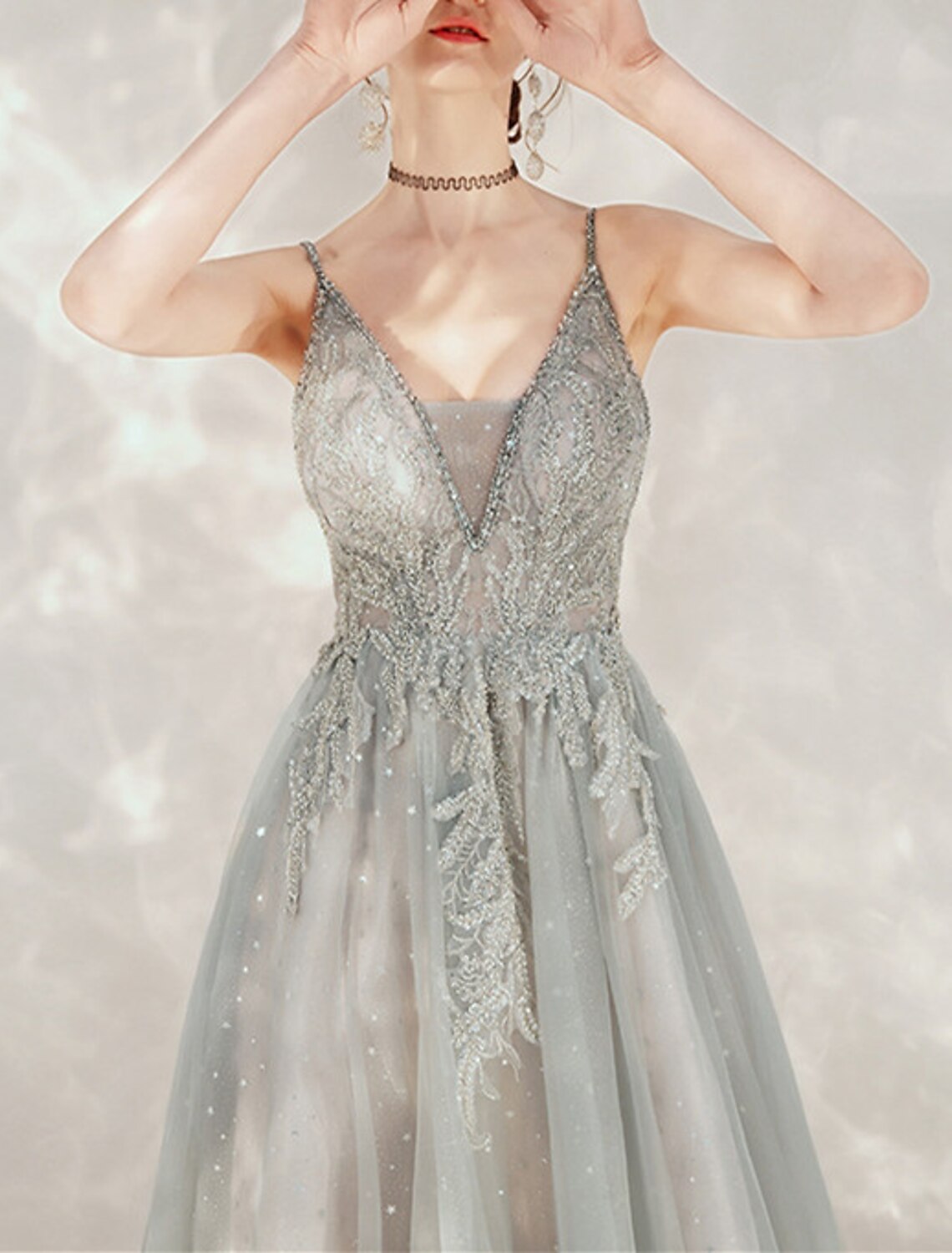 Wholesale A-Line Party Dresses Glittering Dress Prom Wedding Party Floor Length Sleeveless Spaghetti Strap Tulle Backless with Glitter