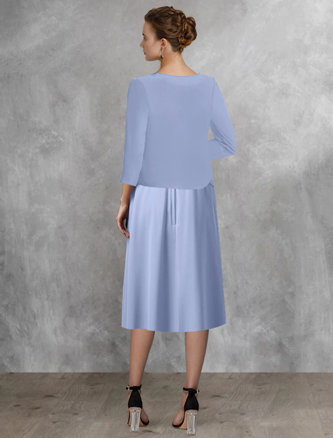 Wholesale  Two Piece A-Line Mother of the Bride Dress Wedding Guest Elegant Square Neck Tea Length Chiffon Lace Half Sleeve Wrap Included with Appliques Side-Draped