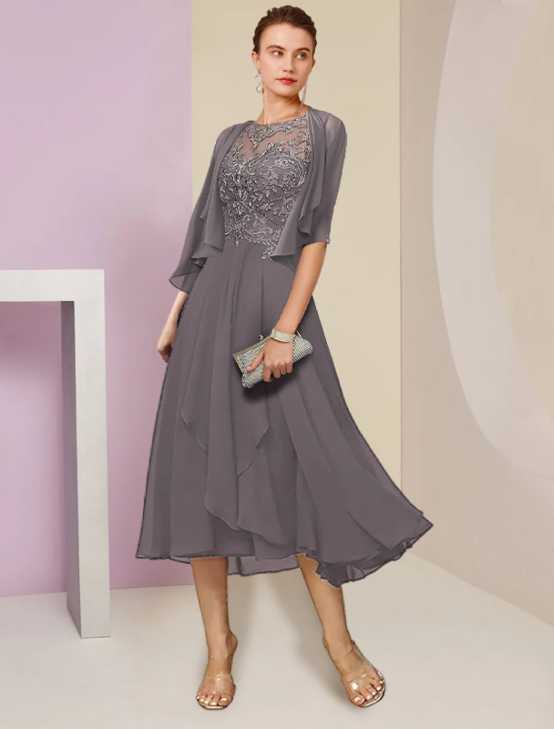 Wholesale  Two Piece A-Line Mother of the Bride Dress Formal Wedding Guest Elegant Scoop Neck Tea Length Chiffon Lace Half Sleeve Wrap Included with Beading Sequin Appliques