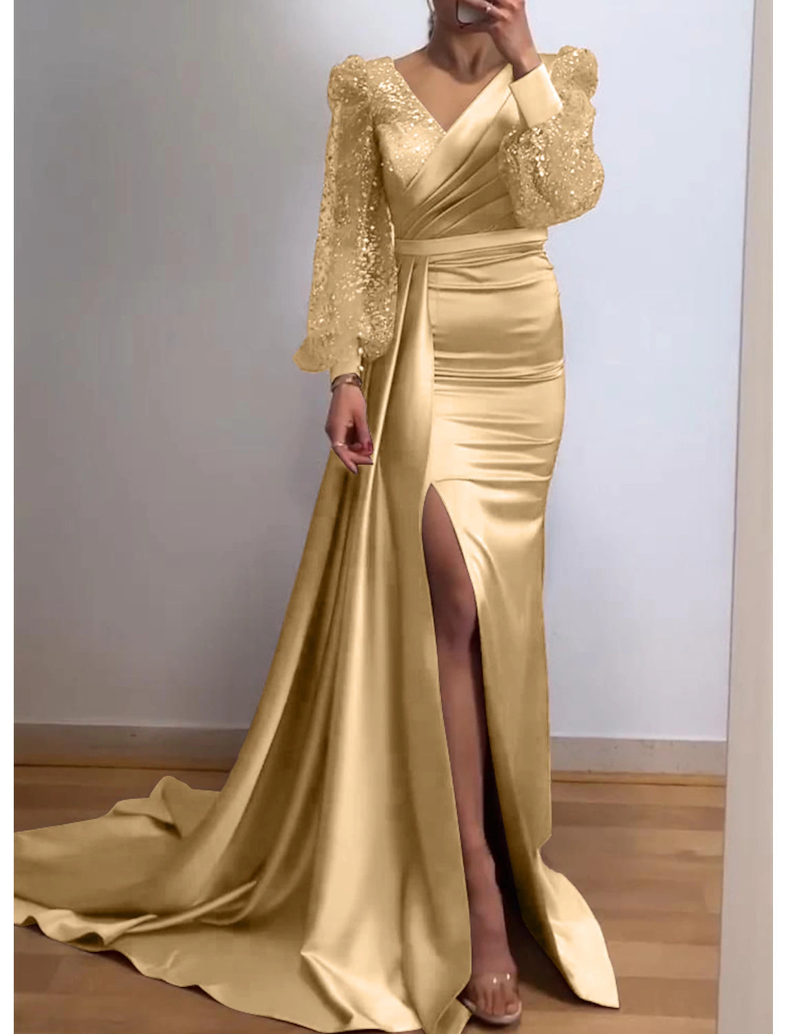 Wholesale Mermaid / Trumpet Evening Gown Sparkle & Shine Dress Formal Court Train Long Sleeve V Neck Fall Wedding Guest Charmeuse with Sequin Slit