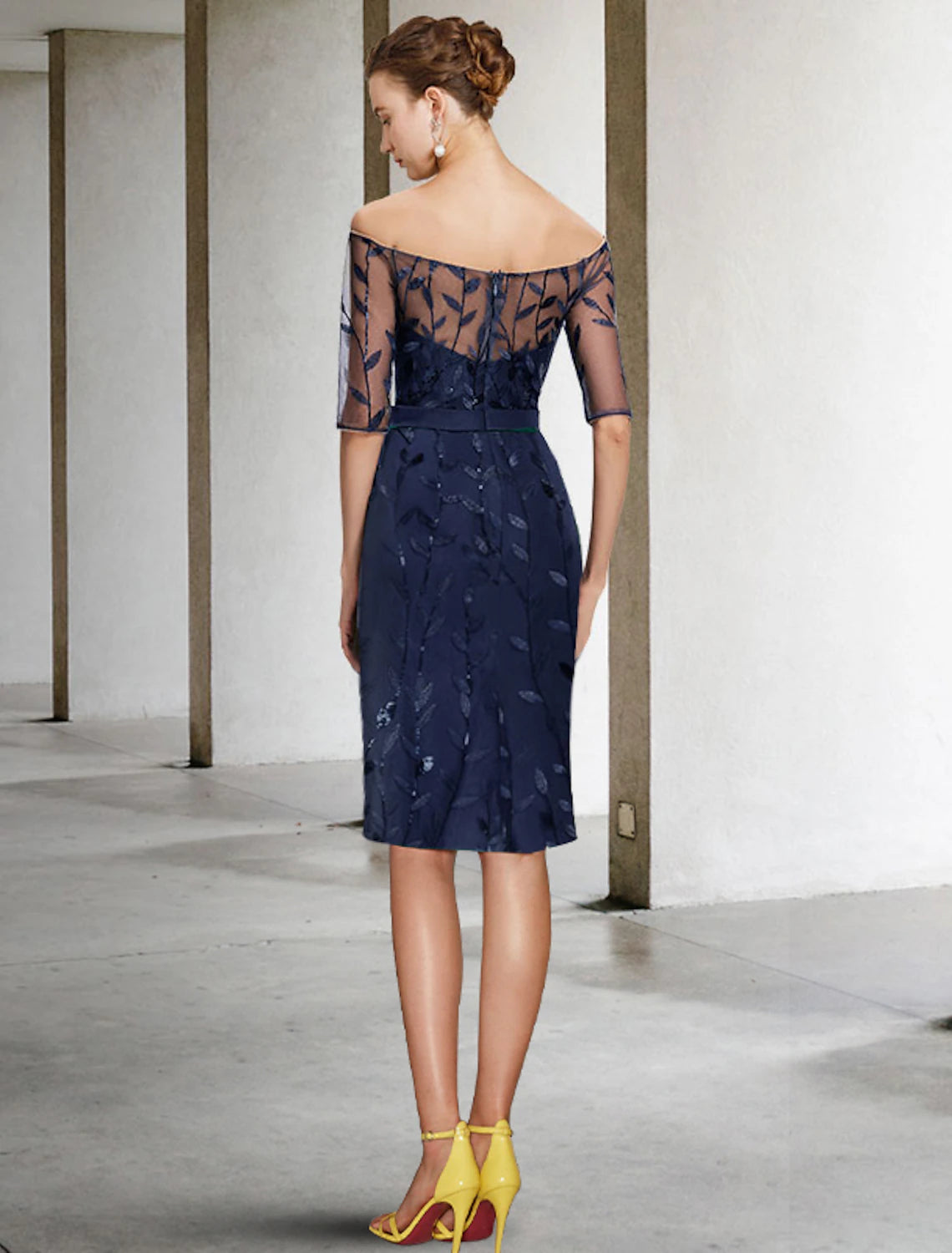 Wholesale  Two Piece Sheath / Column Mother of the Bride Dress Formal Wedding Guest Sparkle & Shine Elegant Off Shoulder Knee Length Chiffon Lace Sequined Half Sleeve with Bow(s) Appliques