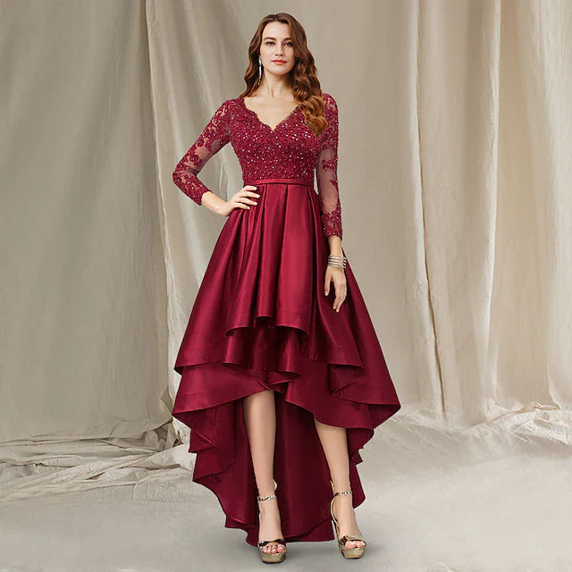 Wholesale A-Line Mother of the Bride Dress Luxurious Elegant High Low V Neck Asymmetrical Floor Length Satin Lace Half Sleeve with Beading Appliques
