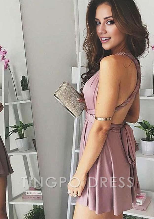 TingPo Wholesale A-line V Neck Sleeveless Short/Mini Charmeuse Homecoming Dress with Pleated