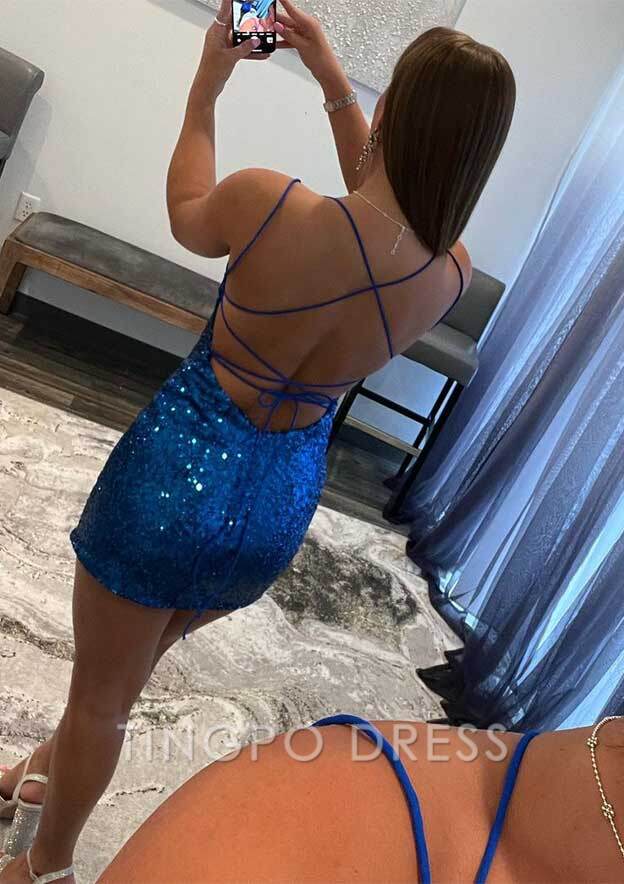 TingPo Wholesale Sheath/Column Scoop Neck Sleeveless Short/Mini Sequined Homecoming Dress