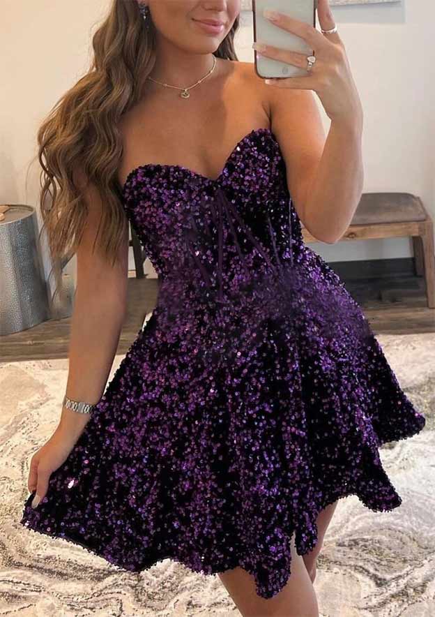 TingPo Wholesale A-line Sweetheart Sleeveless Short/Mini Velvet Sequins Homecoming Dress with Pockets