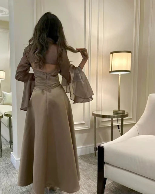 TingPo Wholesale Elegant Sexy A line Square Neckline Long Sleeves Chiffon Champagne Prom Dress Long Evening Dress