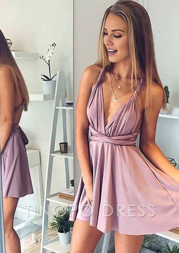 TingPo Wholesale A-line V Neck Sleeveless Short/Mini Charmeuse Homecoming Dress with Pleated