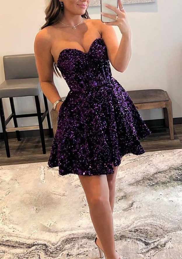 TingPo Wholesale A-line Sweetheart Sleeveless Short/Mini Velvet Sequins Homecoming Dress with Pockets