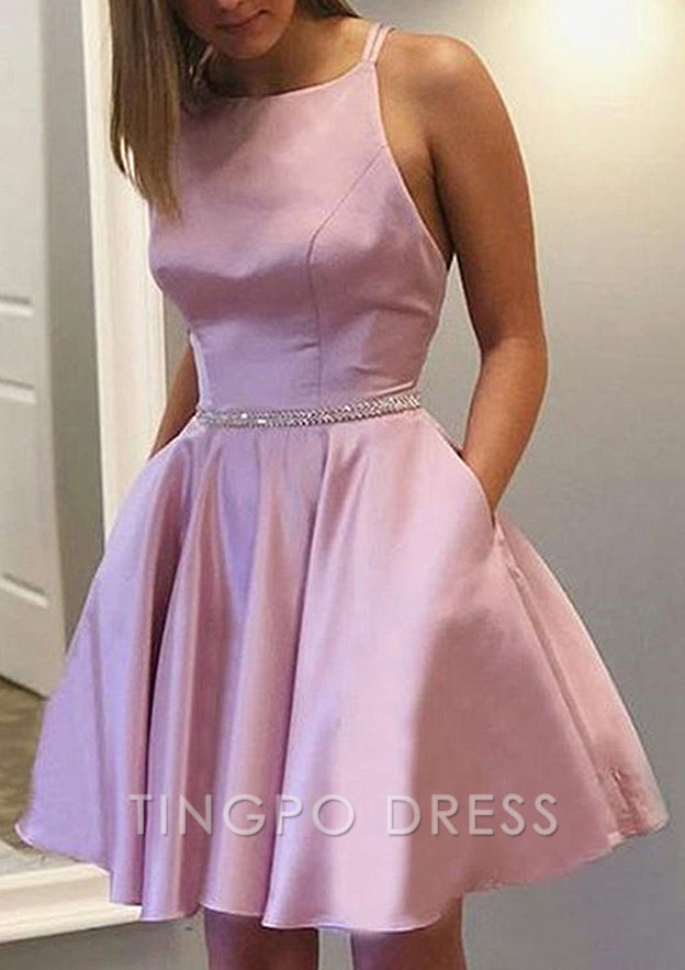 TingPo Wholesale A-line Bateau Sleeveless Satin Short/Mini Homecoming Dress With Beading
