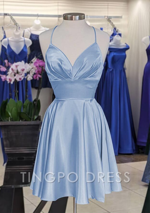 TingPo Wholesale A-line V Neck Sleeveless Short/Mini Charmeuse Homecoming Dress with Pleated