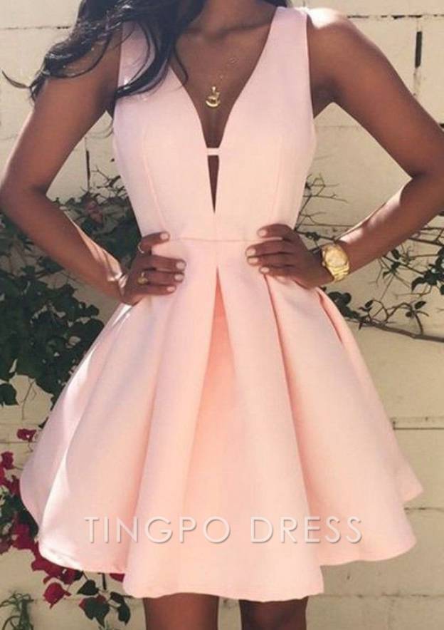 TingPo Wholesale Satin Short/Mini A-Line/Princess Sleeveless V-Neck Zipper Homecoming Dress