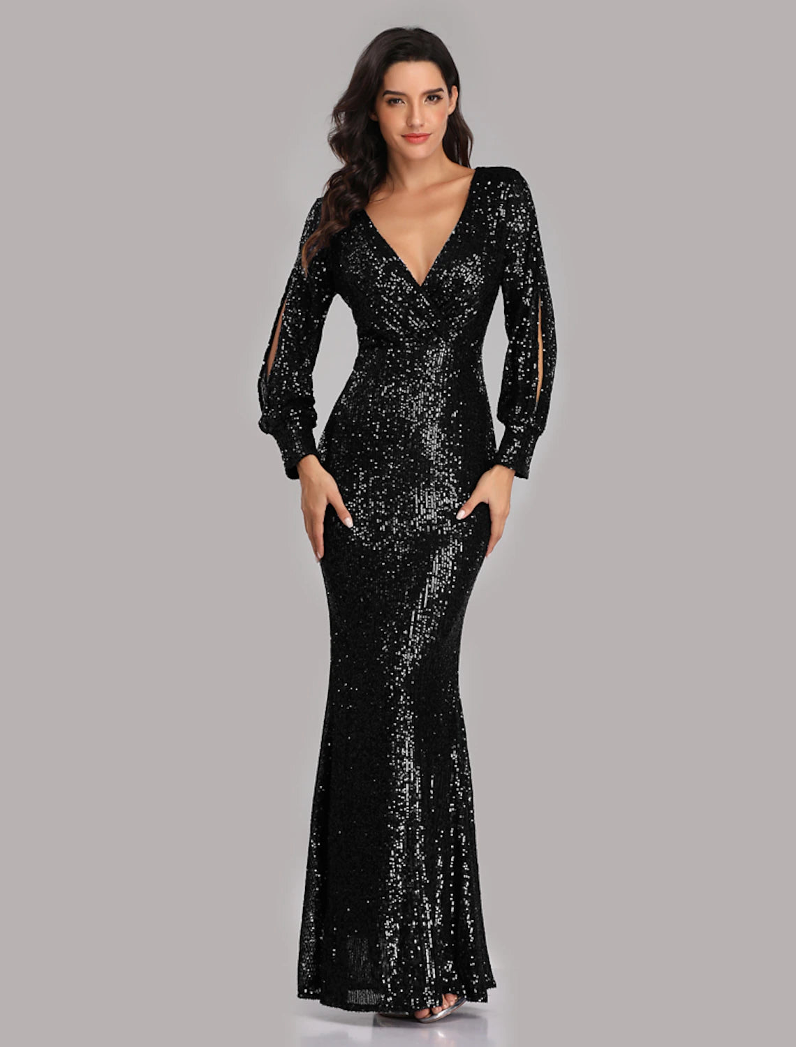 Wholesale  Mermaid / Trumpet Evening Gown Sparkle Dress Party Wear Wedding Guest Floor Length Long Sleeve V Neck Sequined with Sequin