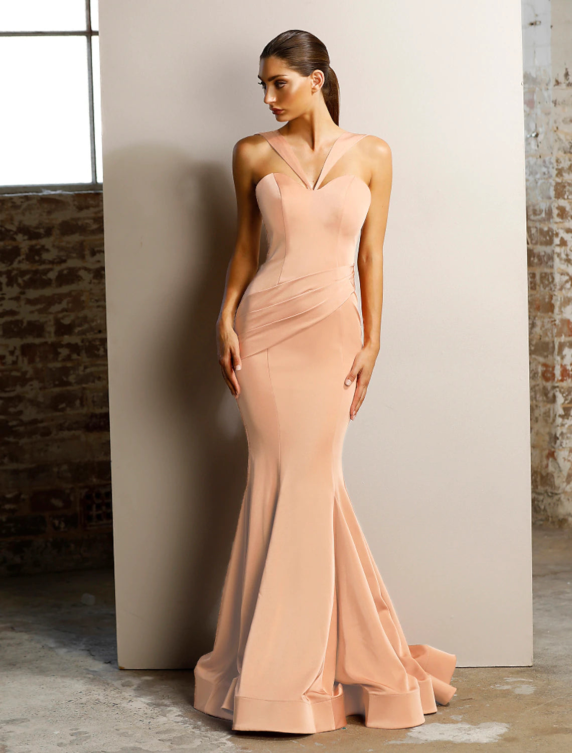 Wholesale Mermaid / Trumpet Minimalist Elegant Engagement Formal Evening Birthday Dress Halter Neck Sleeveless Floor Length Stretch Satin with Ruched