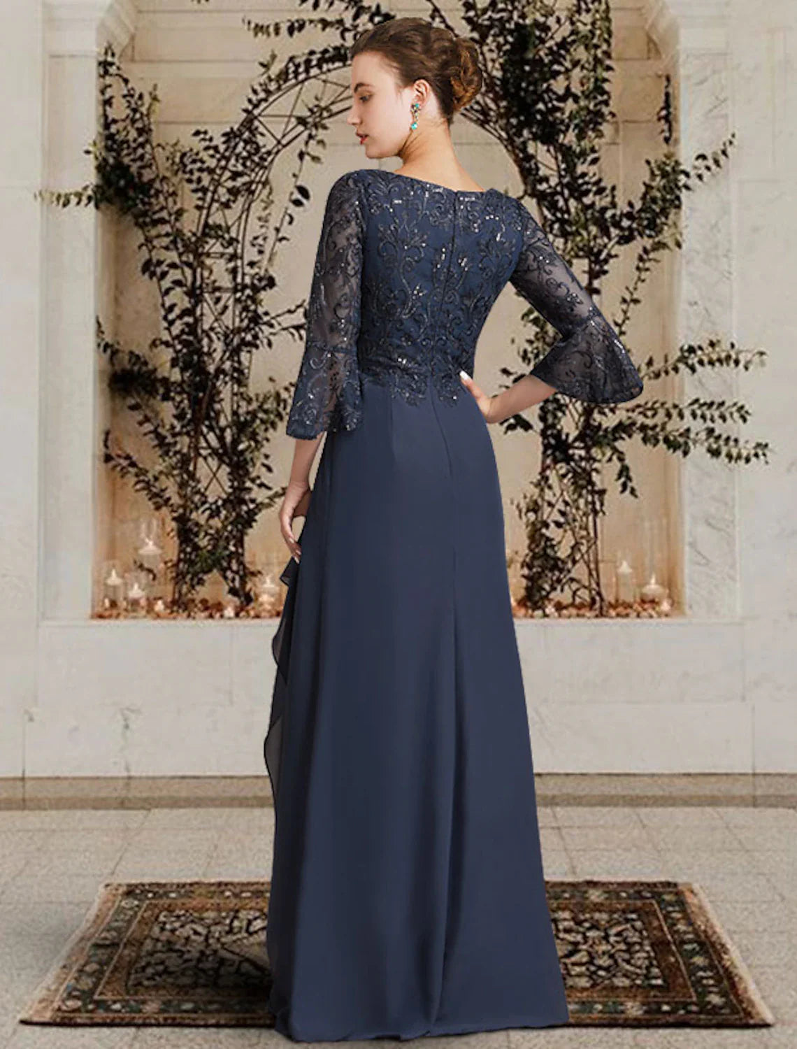 Wholesale Sheath / Column Mother of the Bride Dress Elegant V Neck Floor Length Chiffon Lace 3/4 Length Sleeve with Pleats Appliques