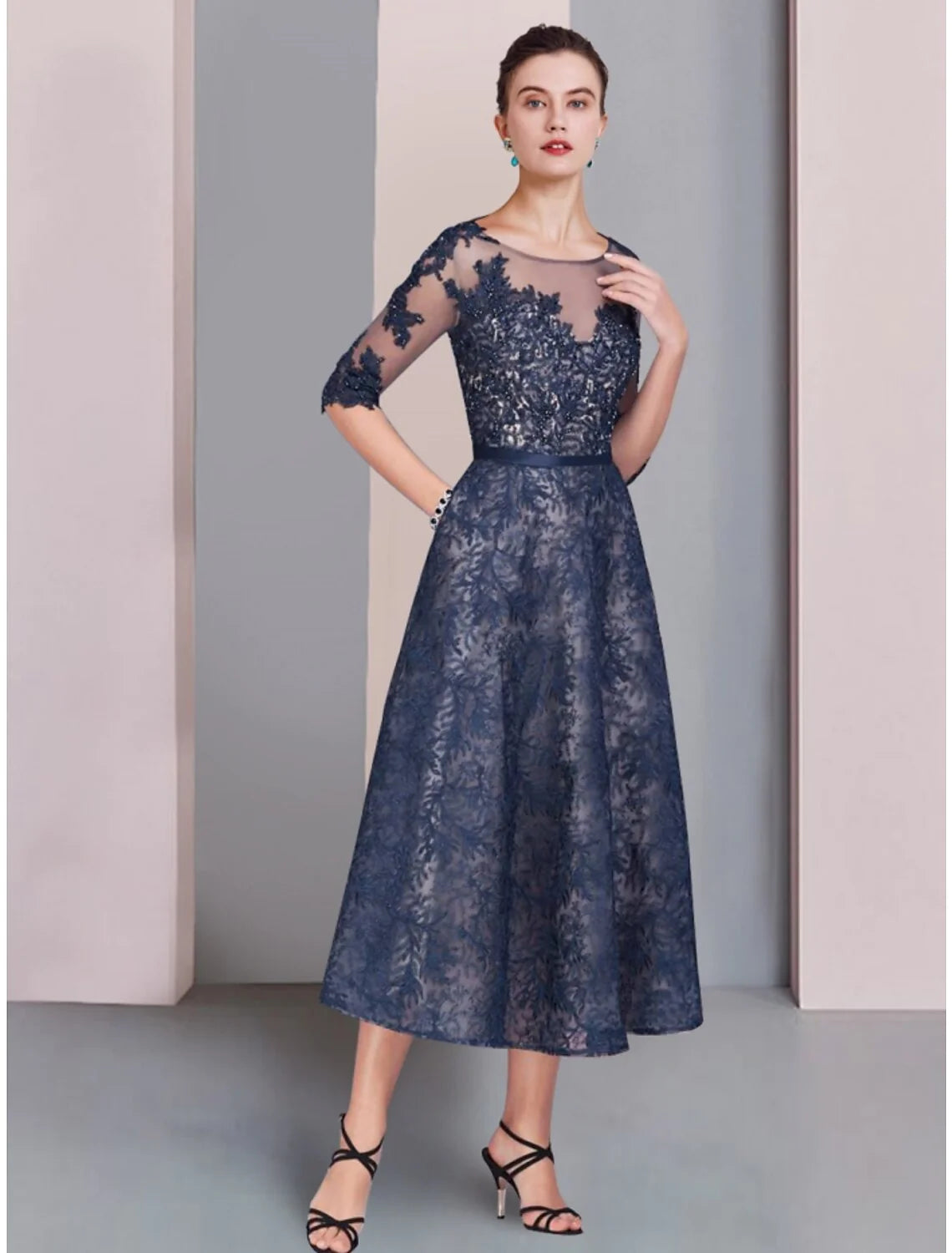 Wholesale A-Line Mother of the Bride Dress Wedding Guest Elegant Scoop Neck Tea Length Lace Half Sleeve with Ruching Solid Color