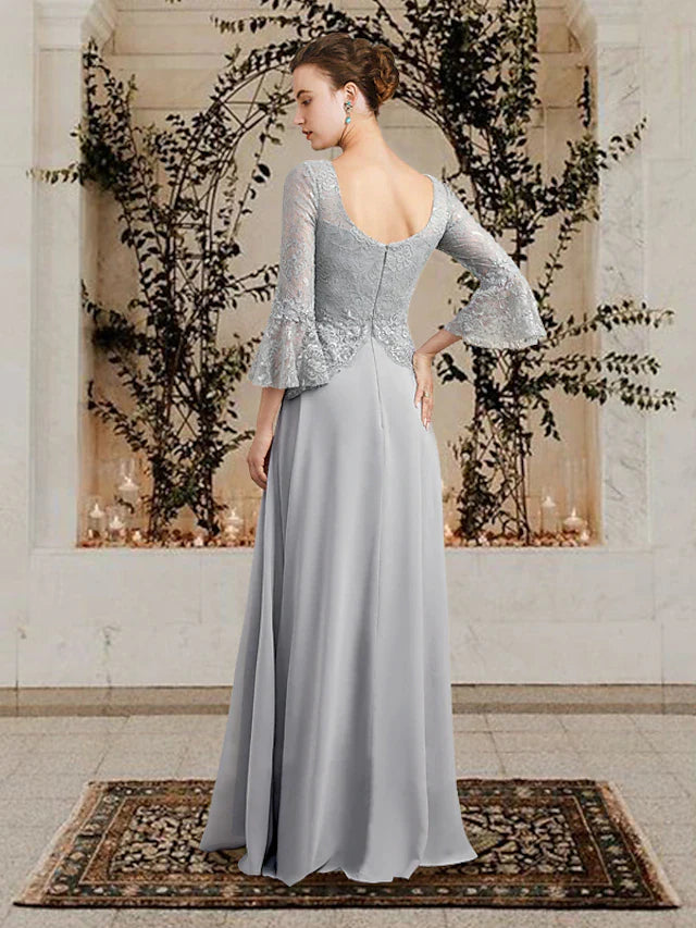 Wholesale A-Line Mother of the Bride Dress Plus Size Elegant V Neck Floor Length Chiffon Lace 3/4 Length Sleeve with Pleats Sequin Appliques