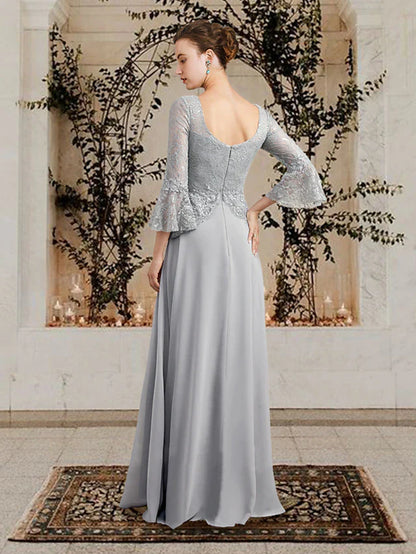 Wholesale A-Line Mother of the Bride Dress Plus Size Elegant V Neck Floor Length Chiffon Lace 3/4 Length Sleeve with Pleats Sequin Appliques