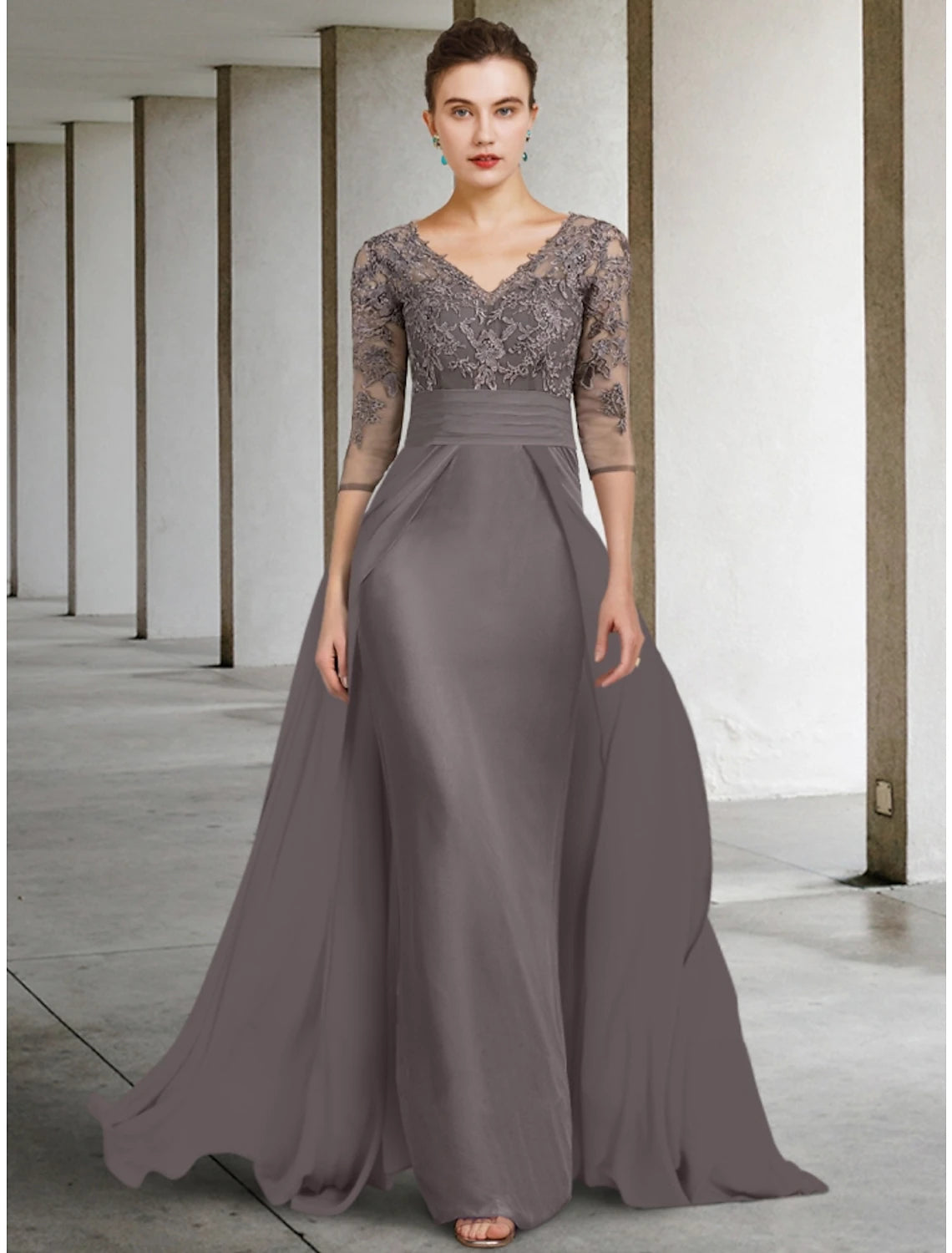 Wholesale A-Line Mother of the Bride Dress Wedding Guest Elegant V Neck Floor Length Chiffon Lace Half Sleeve with Ruching Solid Color