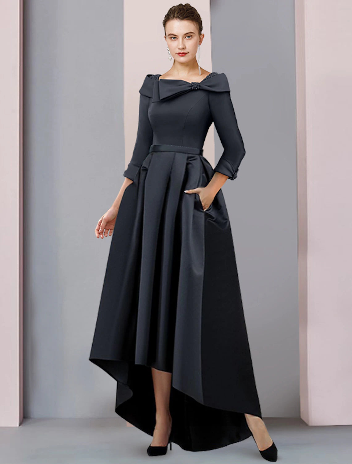 Wholesale  A-Line Mother of the Bride Dress Wedding Guest Elegant High Low Scoop Neck Asymmetrical Tea Length Satin 3/4 Length Sleeve with Bow(s) Pleats