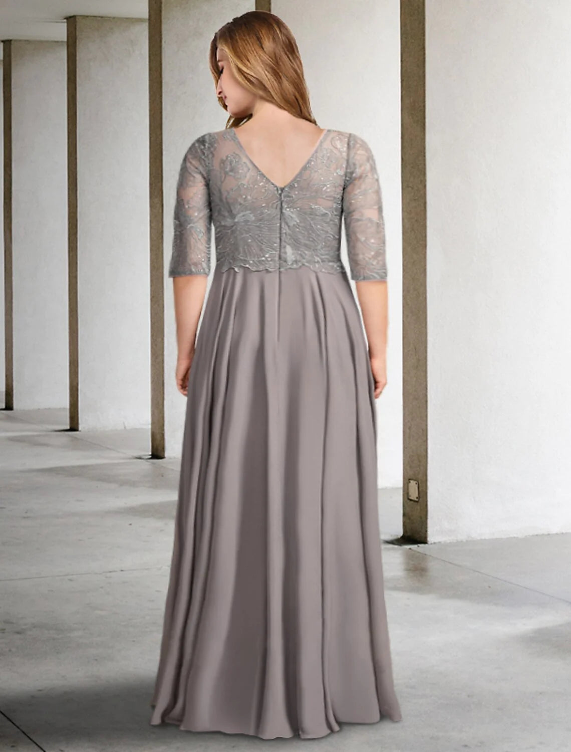 Wholesale A-Line Mother of the Bride Dresses Plus Size Hide Belly Curve Elegant Dress Formal Floor Length Half Sleeve V Neck Chiffon with Pleats Sequin Appliques