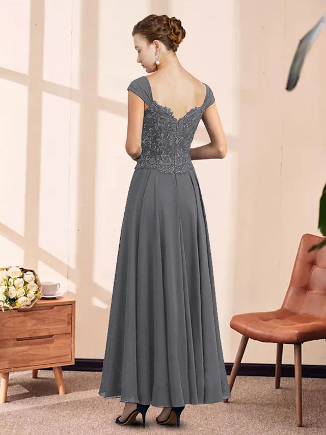 Wholesale Two Piece A-Line Mother of the Bride Dress Elegant V Neck Ankle Length Chiffon Lace Sleeveless with Pleats Appliques