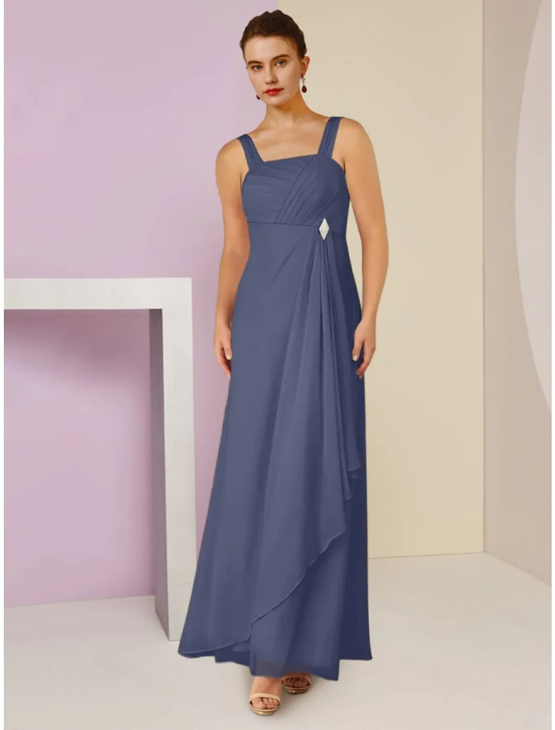 Wholesale A-Line Mother of the Bride Dress Wedding Guest Elegant Square Neck Ankle Length Chiffon Long Sleeve with Crystal Brooch Ruching