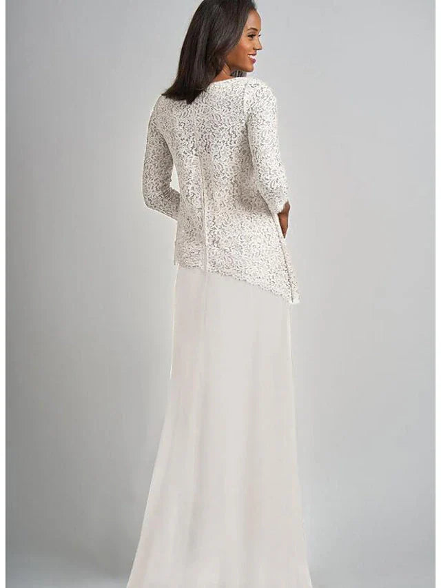Wholesale Sheath / Column Mother of the Bride Dress Elegant & Luxurious Bateau Neck Floor Length Chiffon Lace 3/4 Length Sleeve with Lace