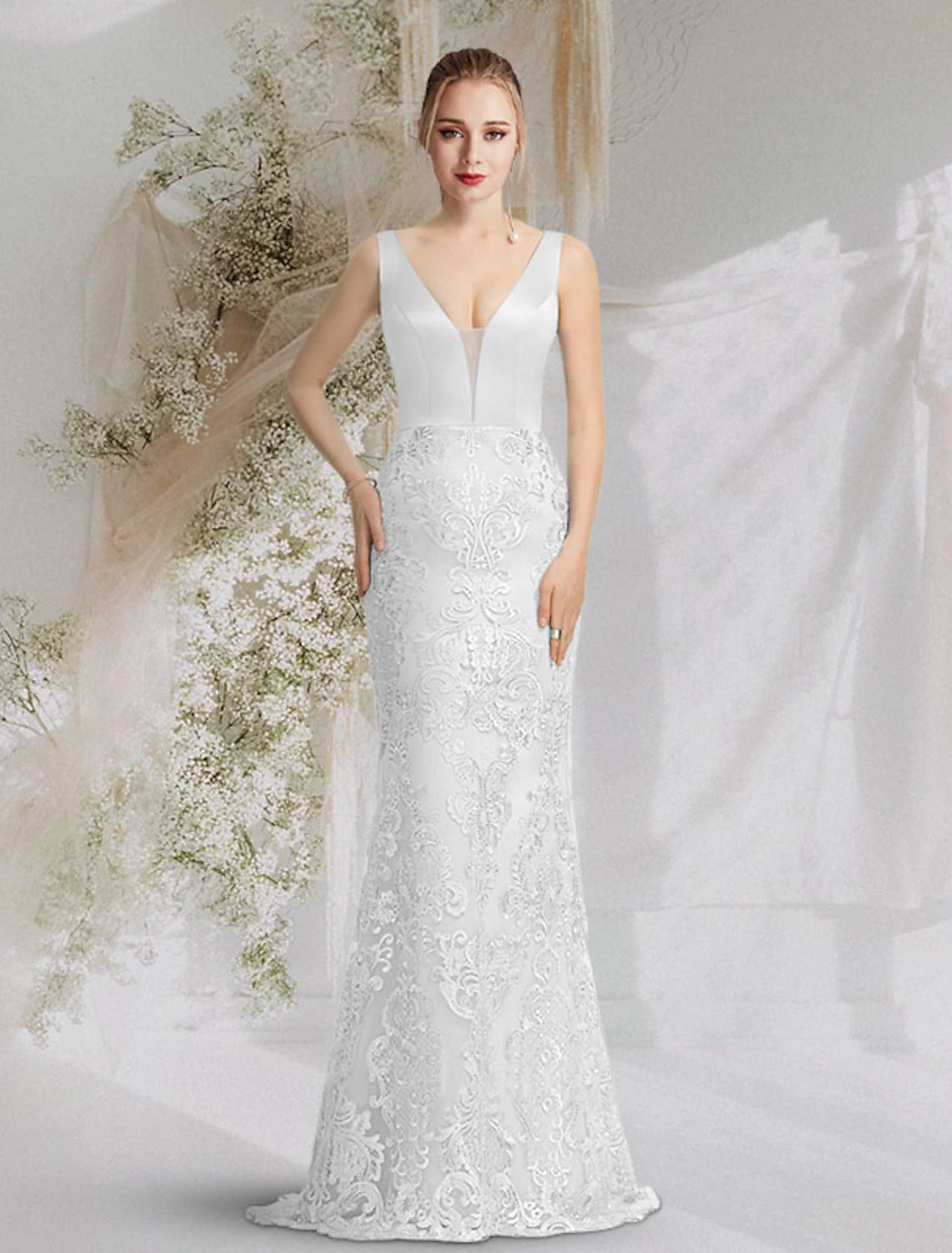 Wholesale  Mermaid / Trumpet Prom Dresses Luxurious Dress Formal Evening Birthday Court Train Sleeveless V Neck Satin with Overskirt Appliques