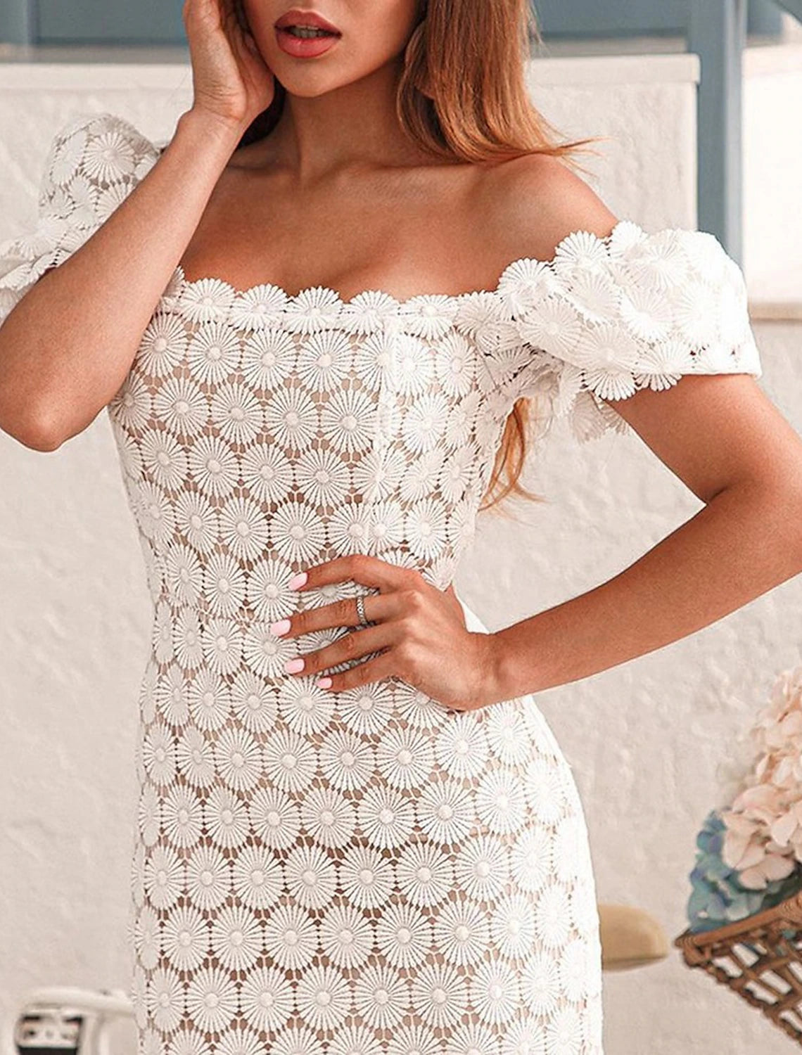 Wholesale Sheath / Column Party Dresses Elegant Dress Wedding Wedding Guest Tea Length Short Sleeve Square Neck Lace with Appliques Pure Color