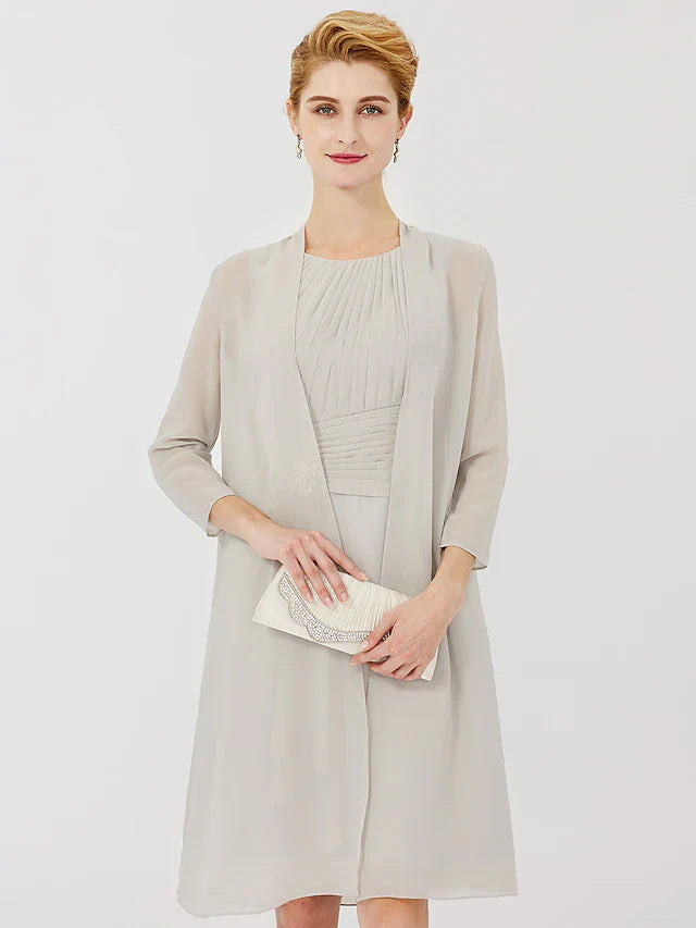Wholesale Sheath / Column Mother of the Bride Dress Formal Classic & Timeless Elegant & Luxurious Convertible Dress Jewel Neck Knee Length Chiffon 3/4 Length Sleeve with Criss Cross Crystal Brooch
