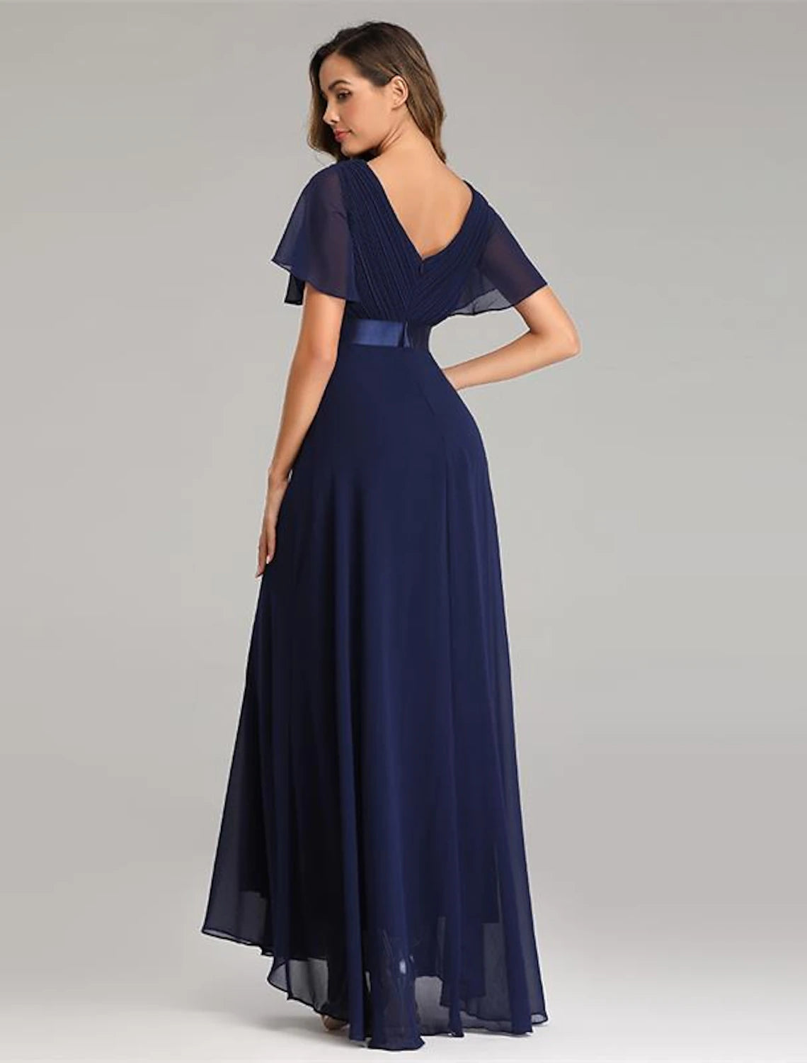 Wholesale  A-Line Prom Dresses Maxi Dress Fall Wedding Guest Dress For Bridesmaid Floor Length Short Sleeve V Neck Chiffon V Back with Ruched Ruffles