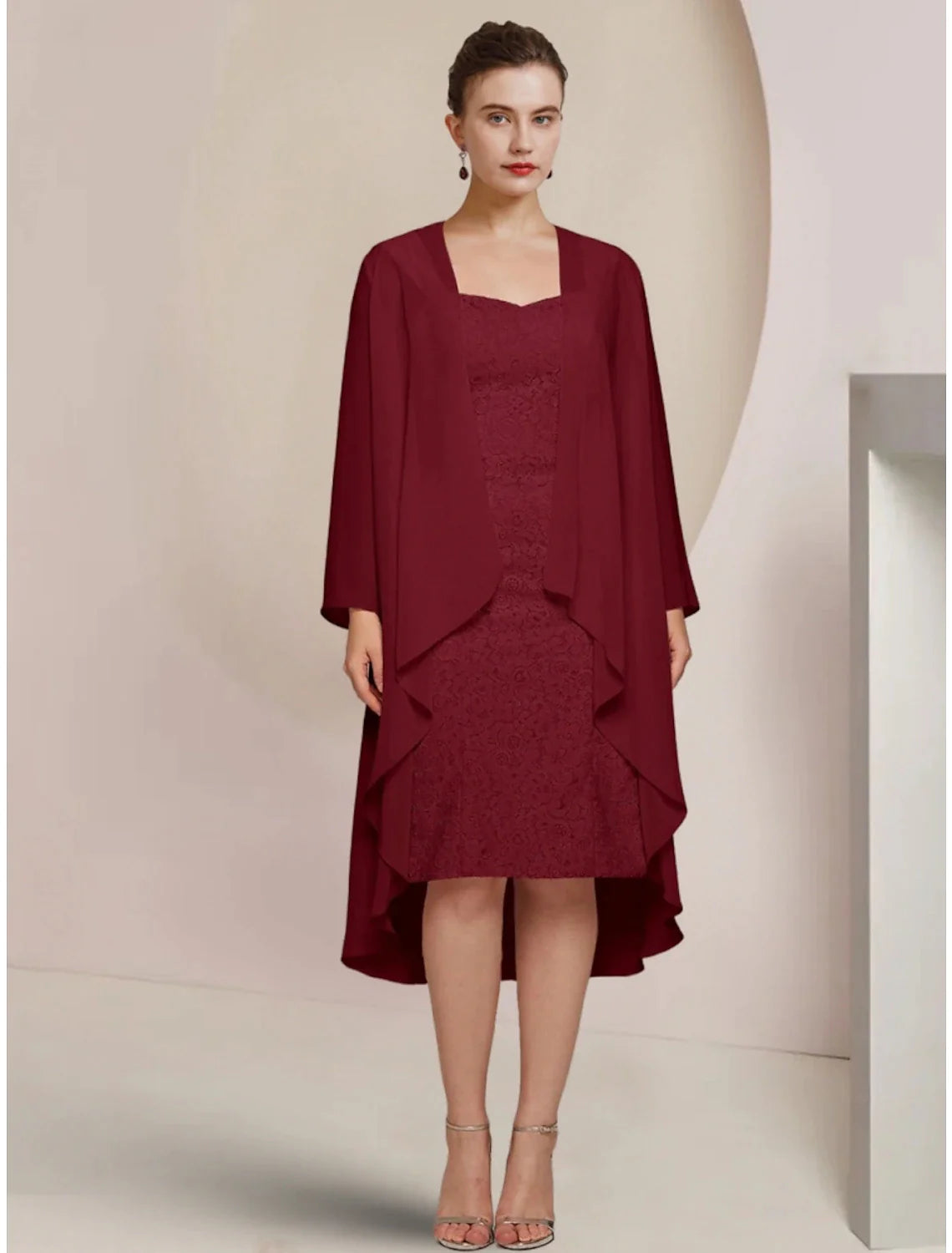 Wholesale A-Line Mother of the Bride Dress Wedding Guest Elegant Petite Square Neck Knee Length Chiffon Long Sleeve with Ruching Solid Color