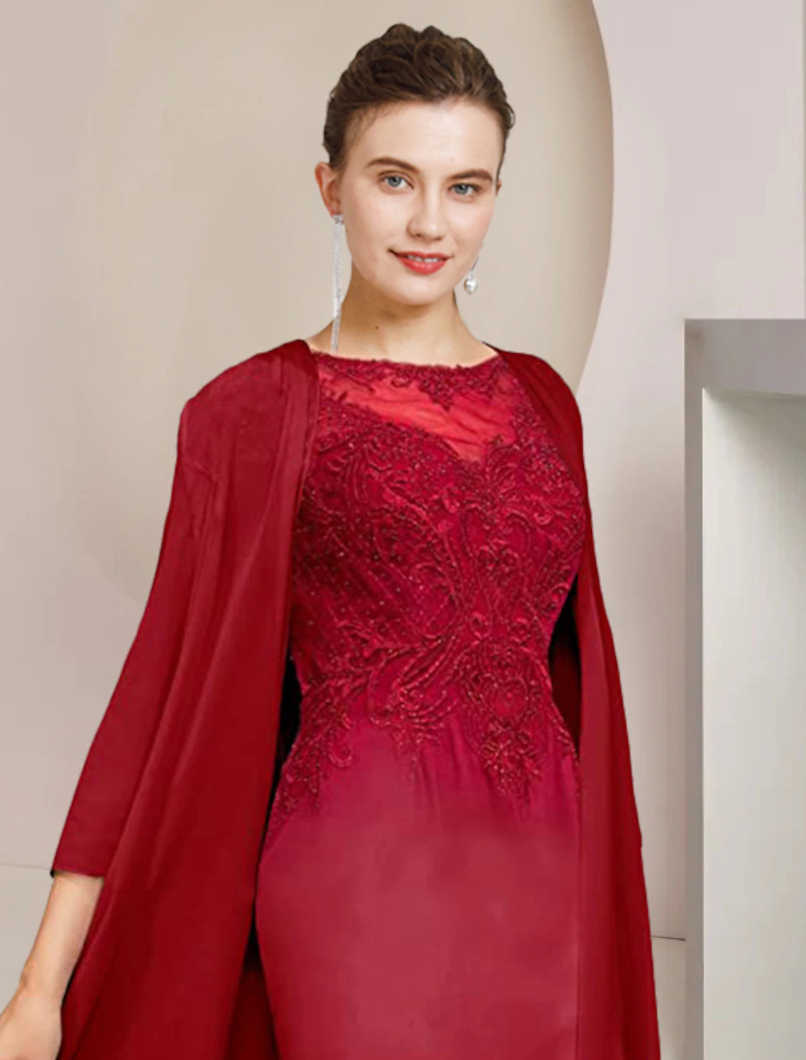 Wholesale Two Piece Sheath / Column Mother of the Bride Dress Formal Wedding Guest Elegant Scoop Neck Knee Length Chiffon Lace Half Sleeve Jacket Dresses with Appliques