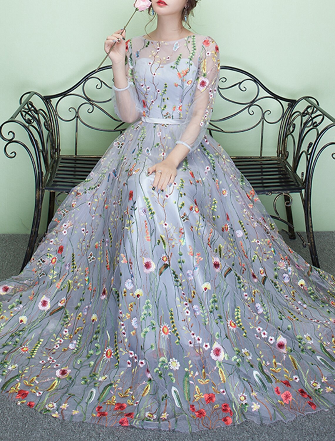 Wholesale A-Line Prom Dresses Floral Dress Party Wear Wedding Guest Floor Length 3/4 Length Sleeve Jewel Neck Lace with Embroidery