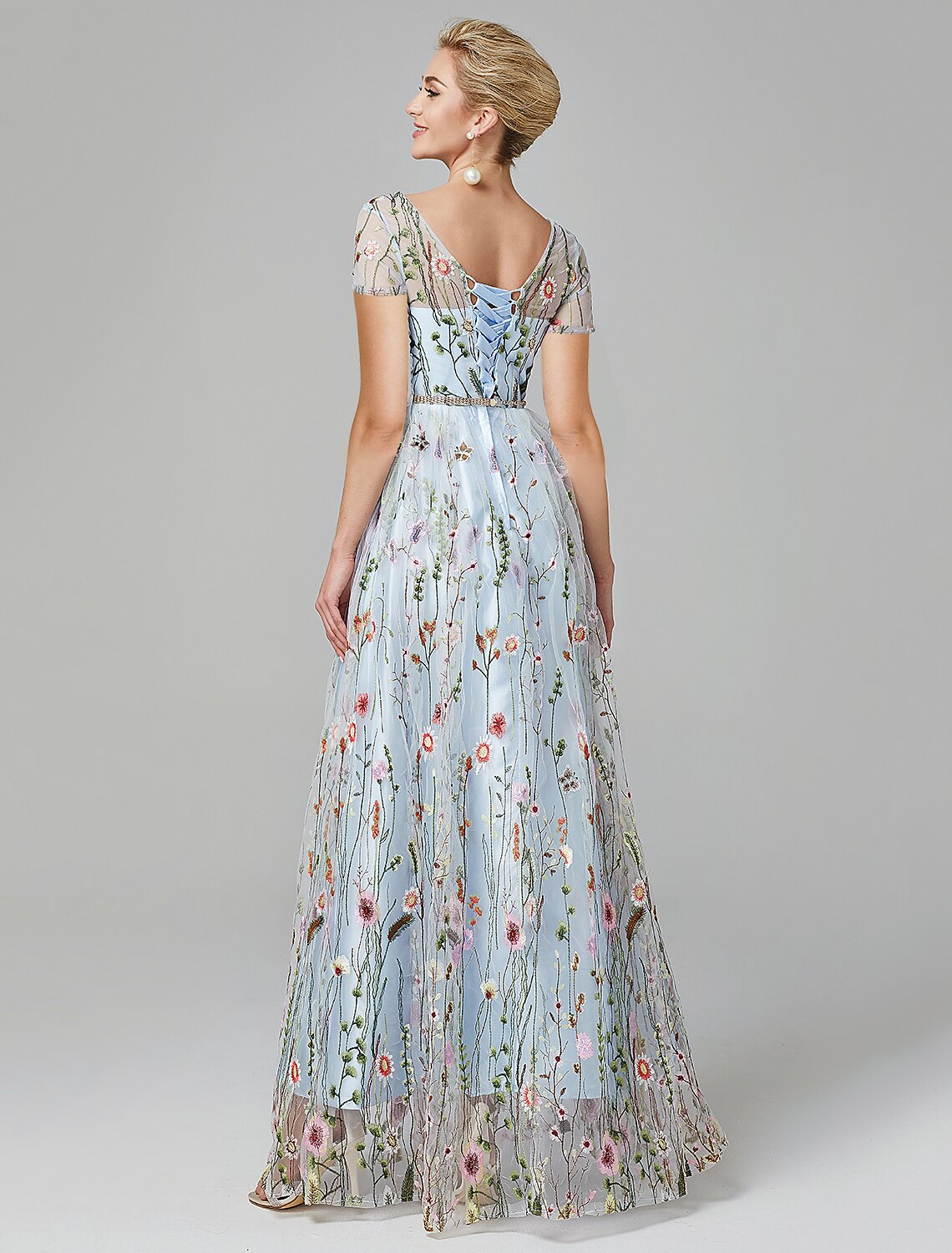 Wholesale  A-Line Prom Dresses Floral Dress Wedding Guest Formal Evening Floor Length Short Sleeve Illusion Neck Lace with Slit Appliques