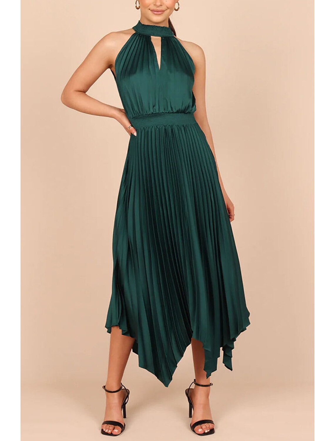 Wholesale A-Line Party Dresses Casual Dress Homecoming Wedding Guest Asymmetrical Sleeveless Halter Neck Satin with Pleats