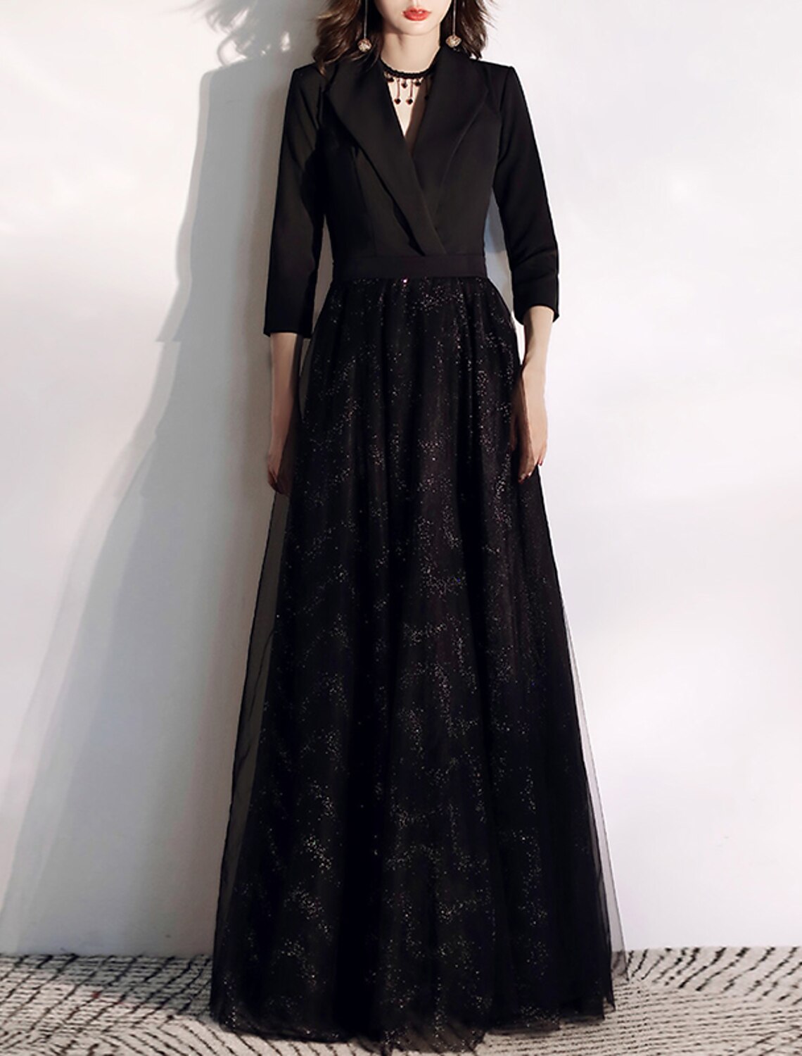 Wholesale A-Line Glittering Elegant Wedding Guest Formal Evening Dress V Neck 3/4 Length Sleeve Floor Length Tulle with Sash / Ribbon Sequin