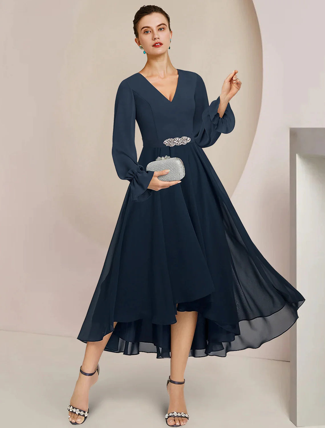Wholesale A-Line Mother of the Bride Dress Formal Wedding Guest Elegant High Low Scoop Neck V Neck Asymmetrical Tea Length Chiffon Long Sleeve with Crystal Brooch